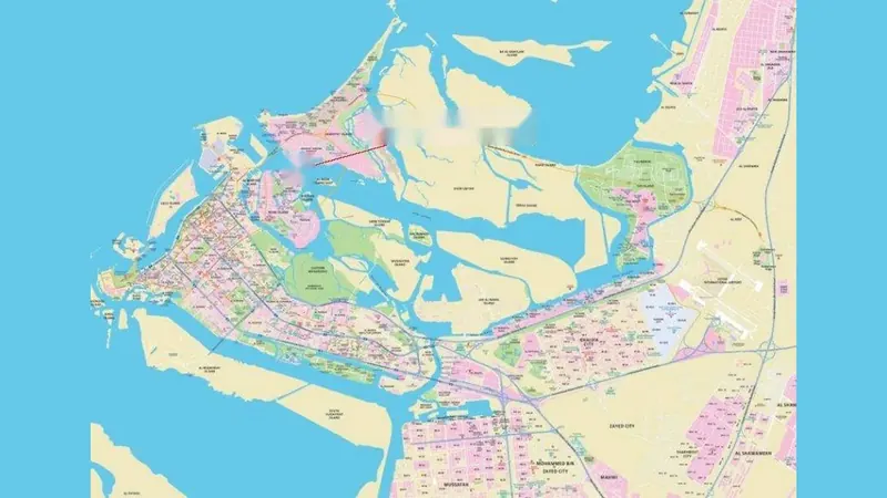 アブダビの島と主要エリアの位置を示す地図