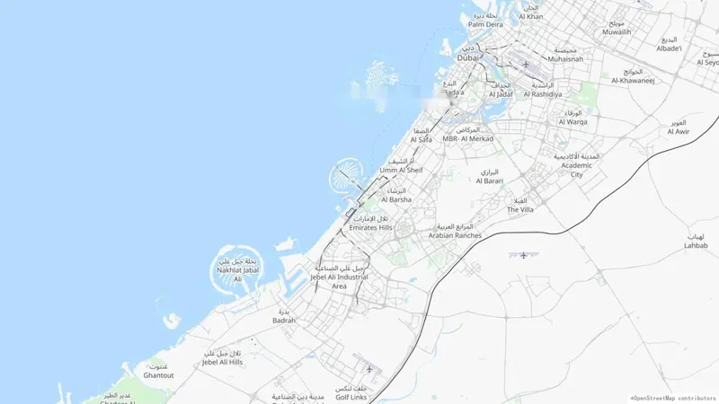 ドバイの主要エリアの位置を示す地図