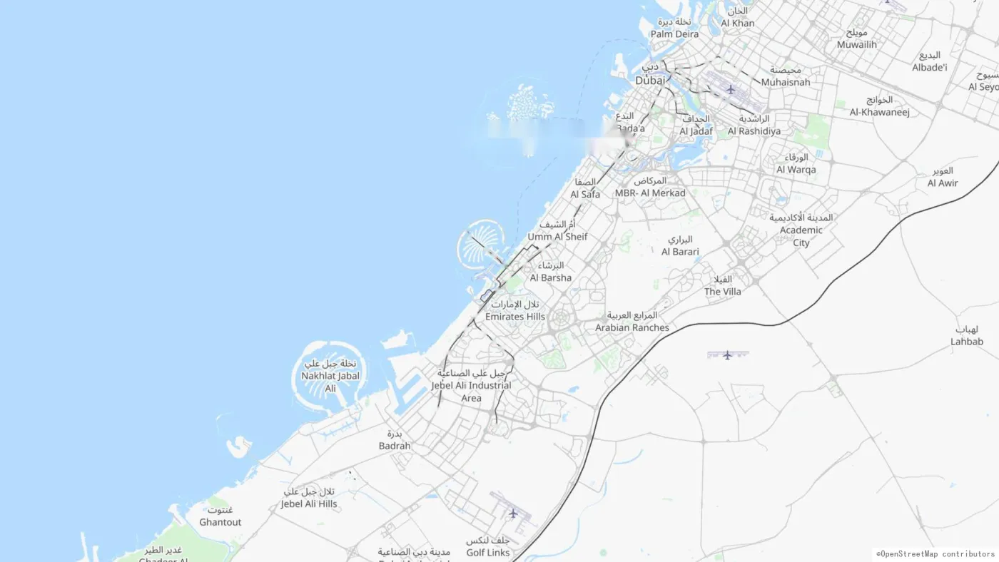 ドバイの都市軸と主要エリアを示す地図